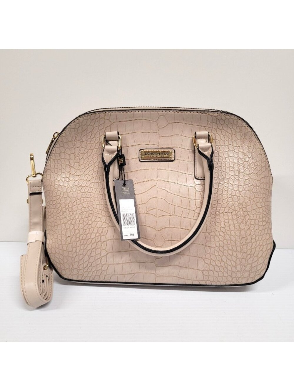 London Fog Designer Croco Vegan Leather Satchel Crossbody Bag Stone Tan